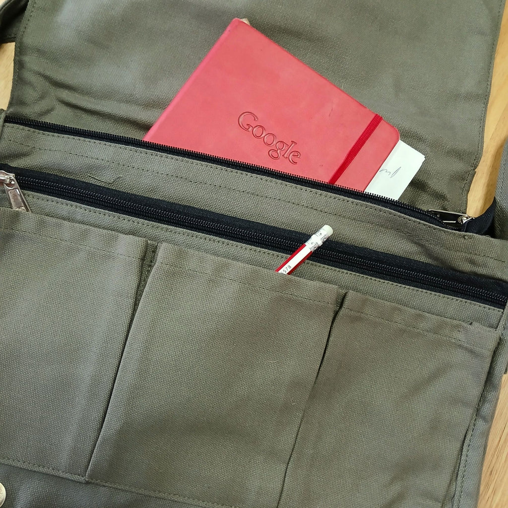 Cotton Canvas Laptop Messenger Bag - Olive | Velora