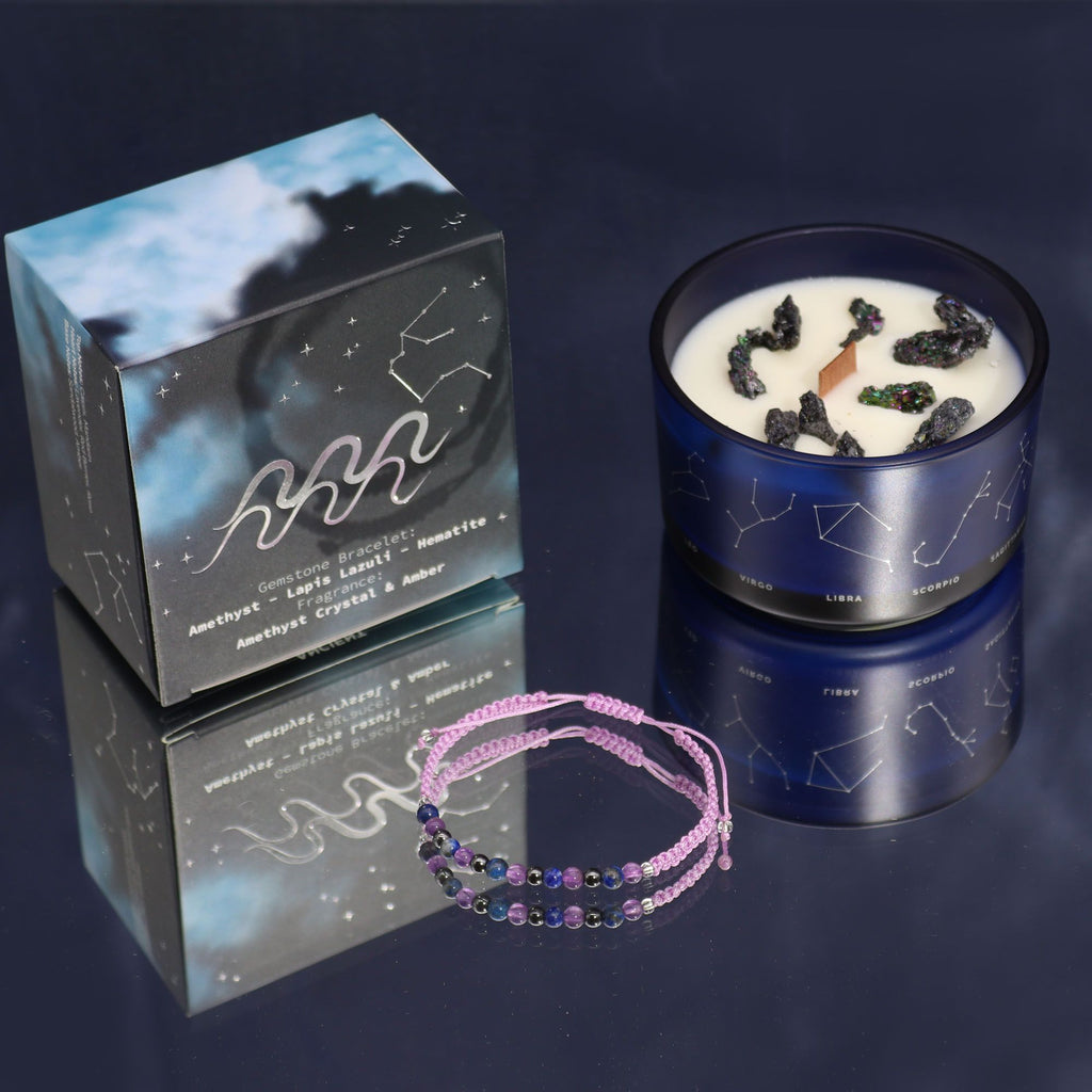 Aquarius Zodiac Crystal Candle & Gemstone Bracelet | Velora
