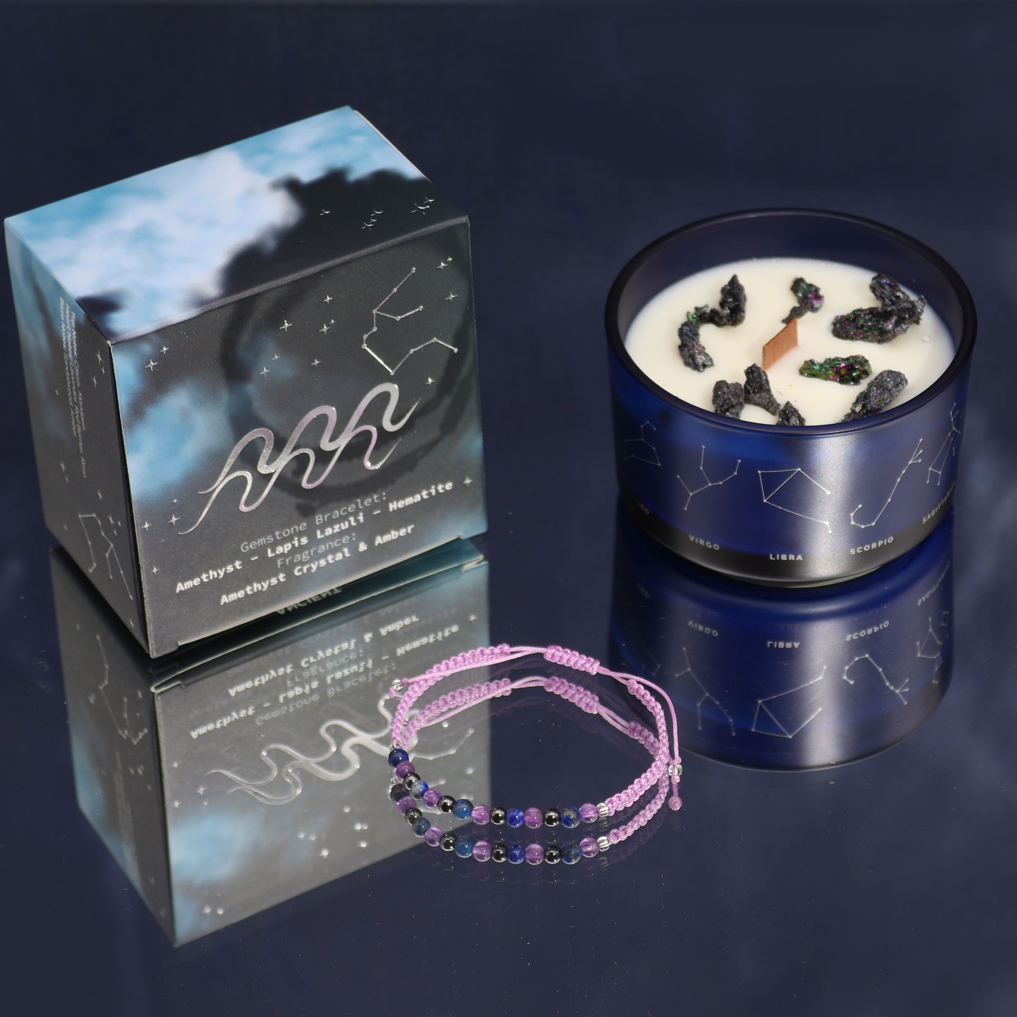 Aquarius Zodiac Crystal Candle & Gemstone Bracelet | Velora