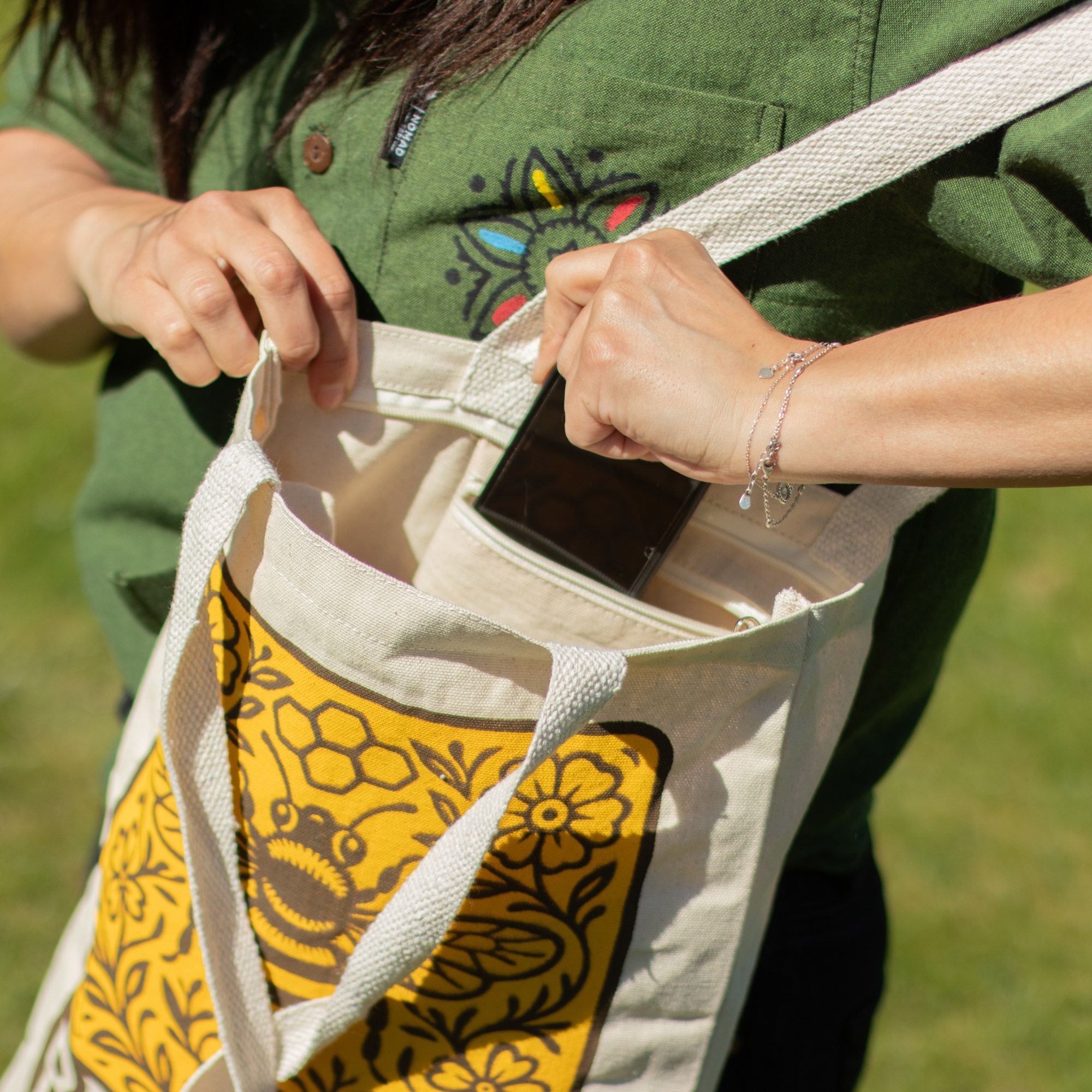Nomad Sari Tote Bag - Bee Kind | Natural Canvas | Velora