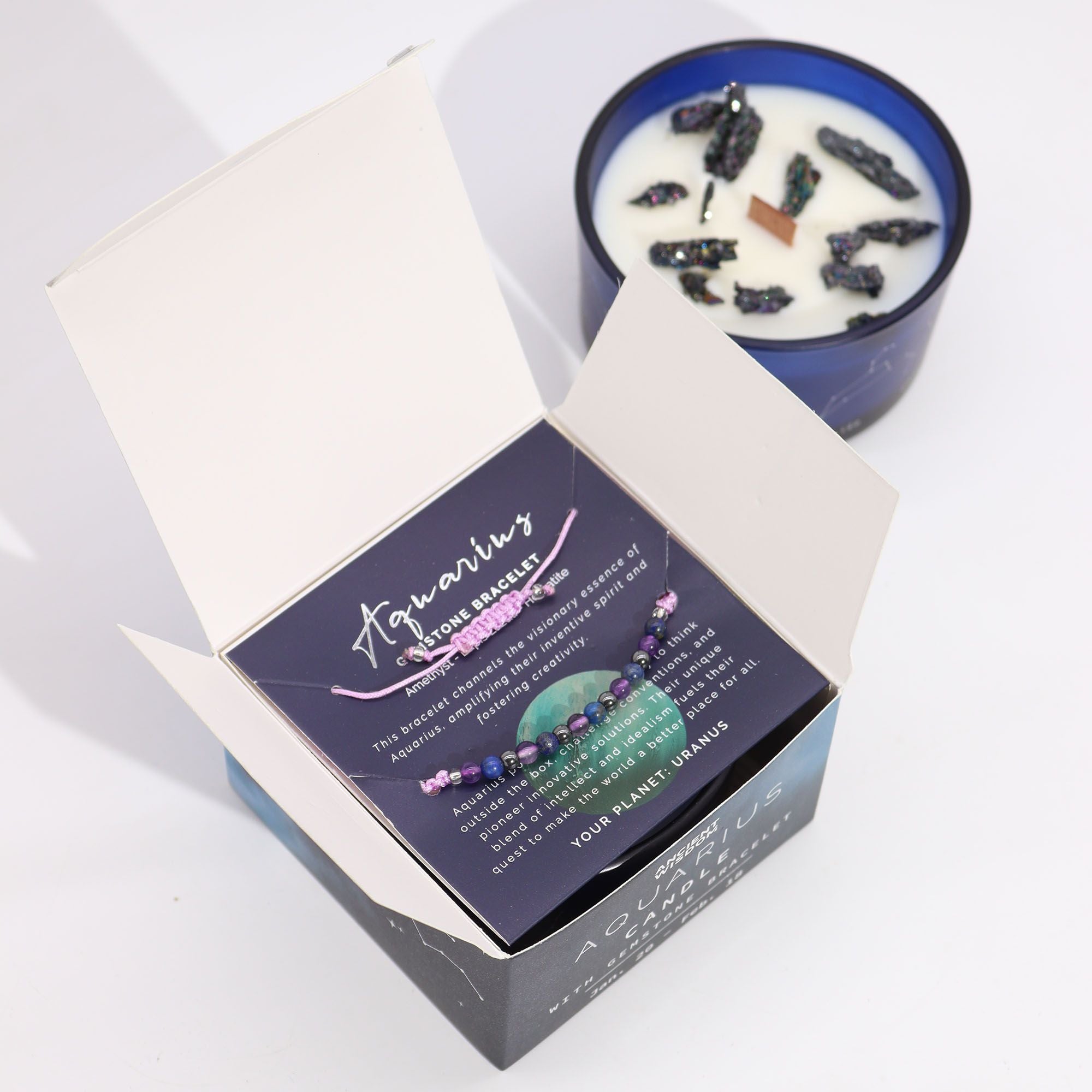 Aquarius Zodiac Crystal Candle & Gemstone Bracelet | Velora