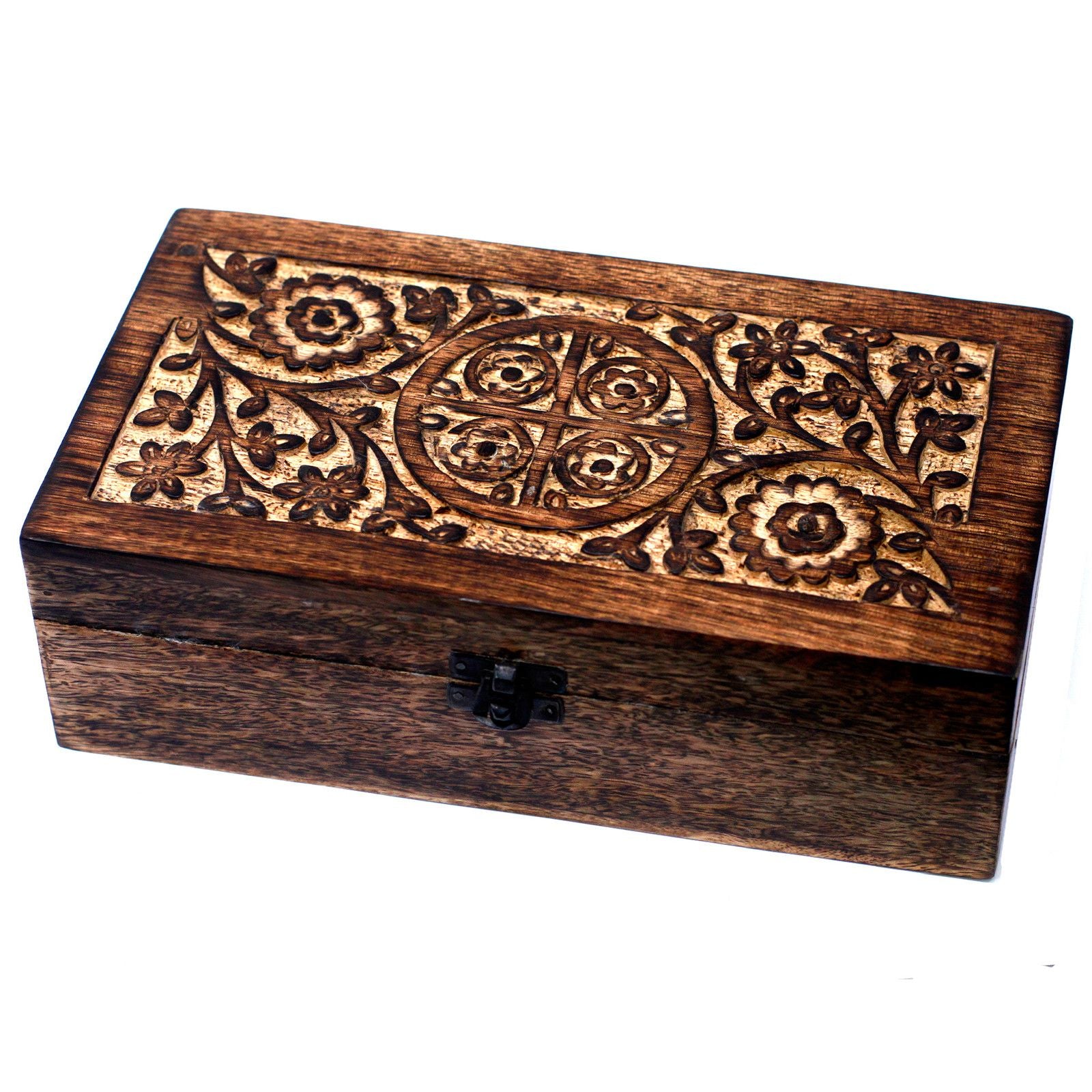 Mango Wood Aromatherapy Box - Floral Carved, Holds 24+1 | Velora