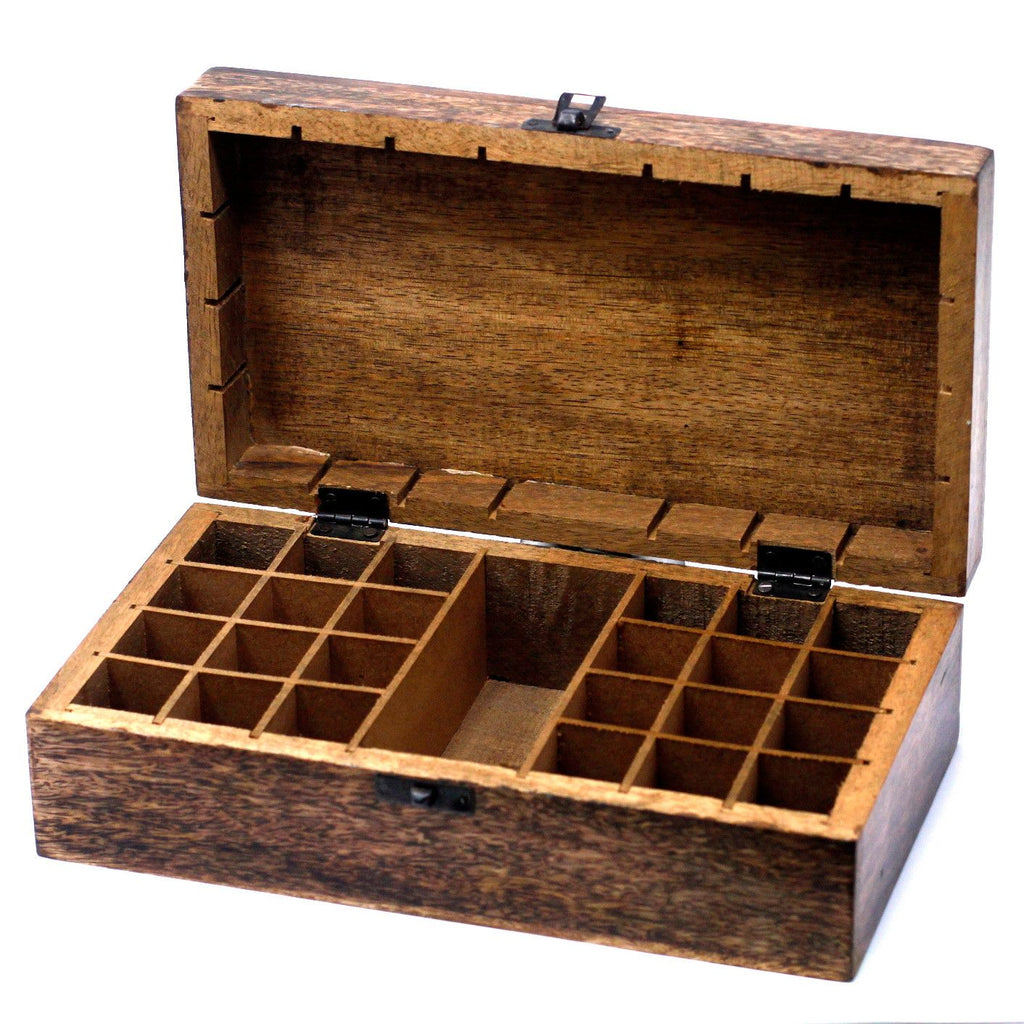 Mango Wood Aromatherapy Box - Floral Carved, Holds 24+1 | Velora
