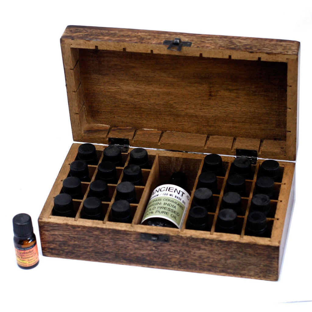 Mango Wood Aromatherapy Box - Floral Carved, Holds 24+1 | Velora