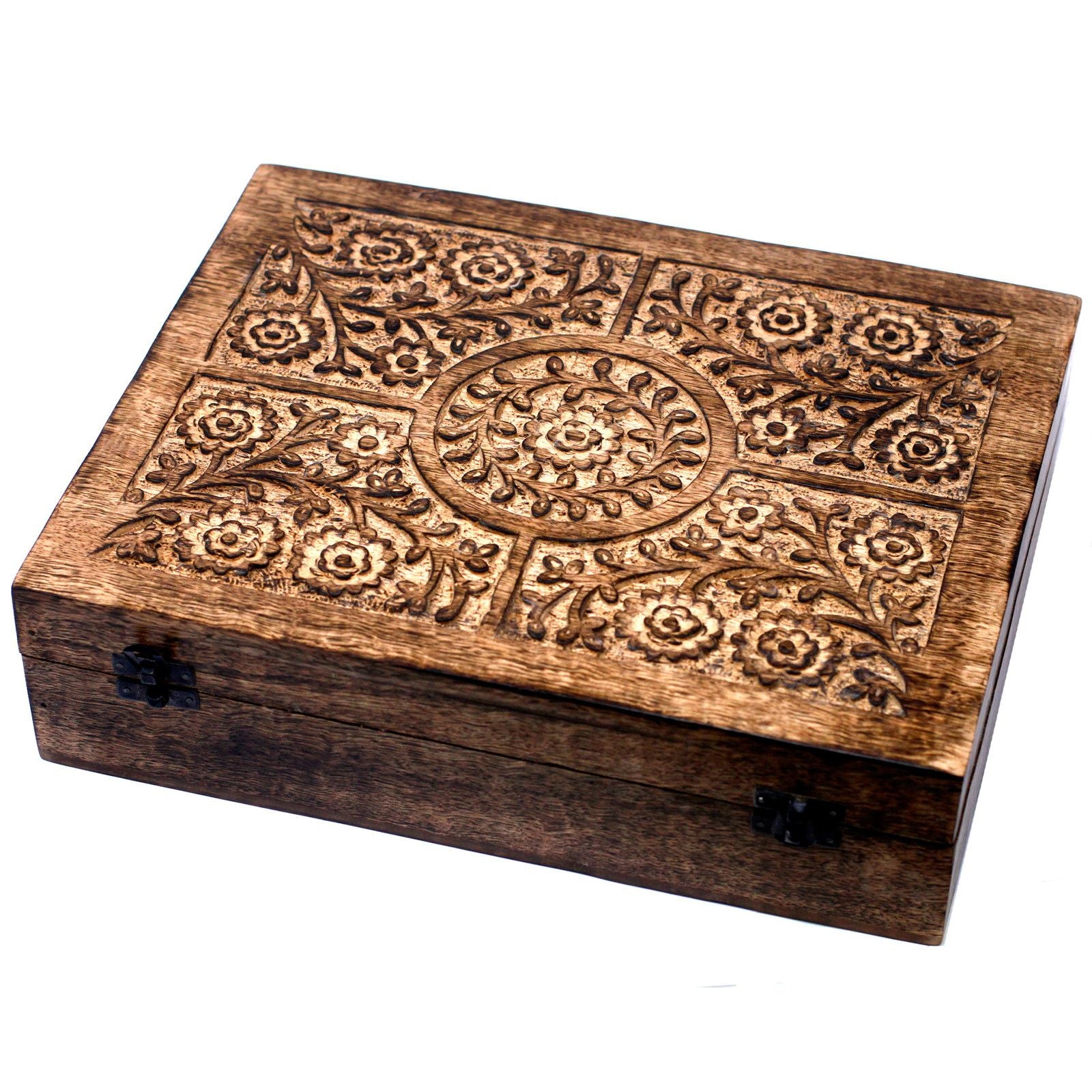 Mango Wood Aromatherapy Box - Floral Carved, Holds 80 | Velora