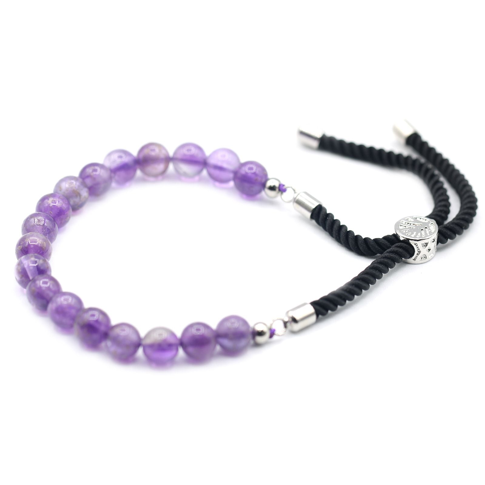 Amethyst Gemstone Bracelet | Silver Plated | Black String | Velora