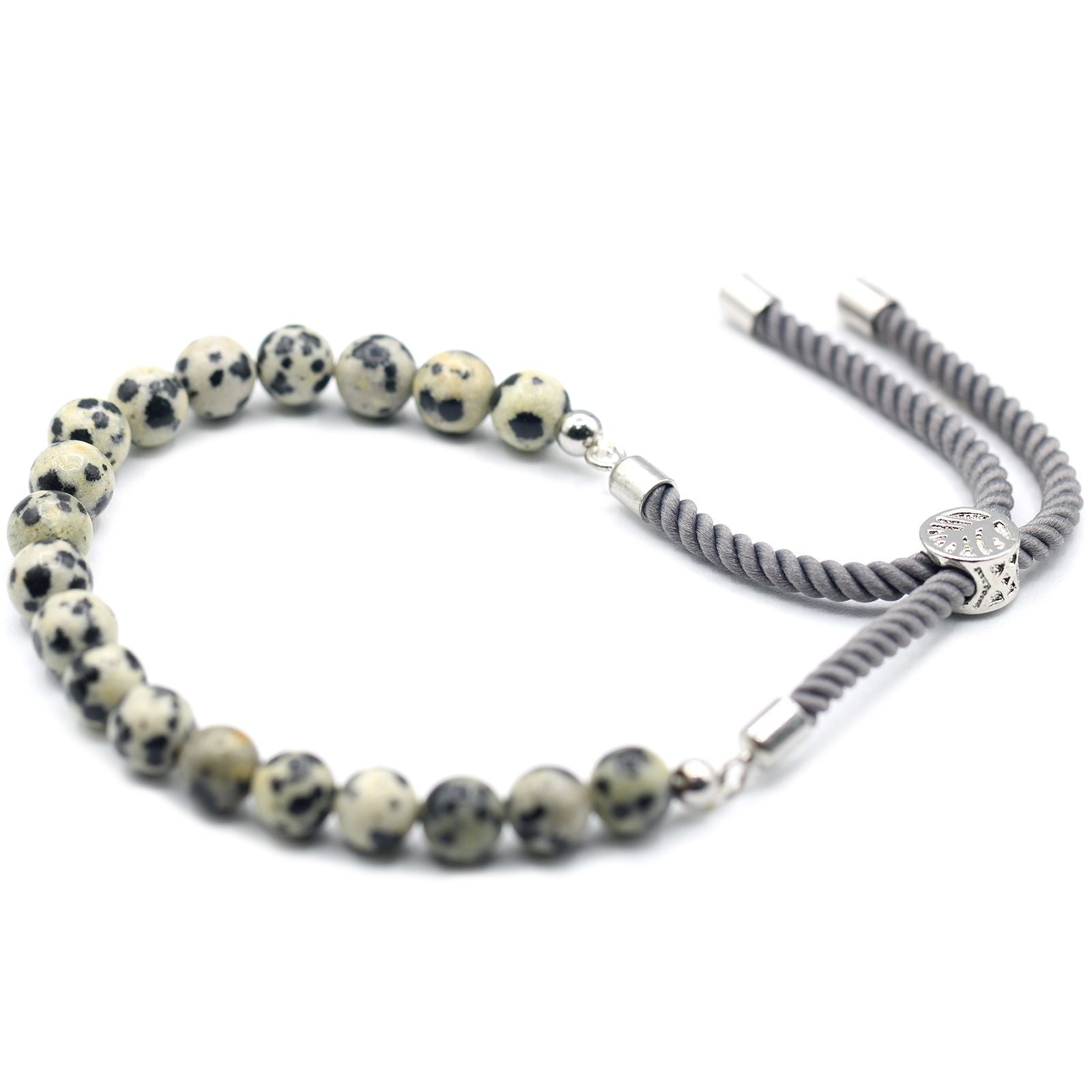 Dalmatian Jasper Gemstone Bracelet | Silver Plated | Charcoal String | Velora