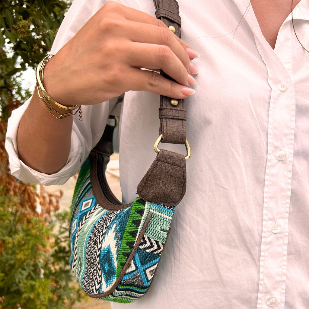 Jacquard Hobo Bag - Bold Greens | Brown Strap | Velora