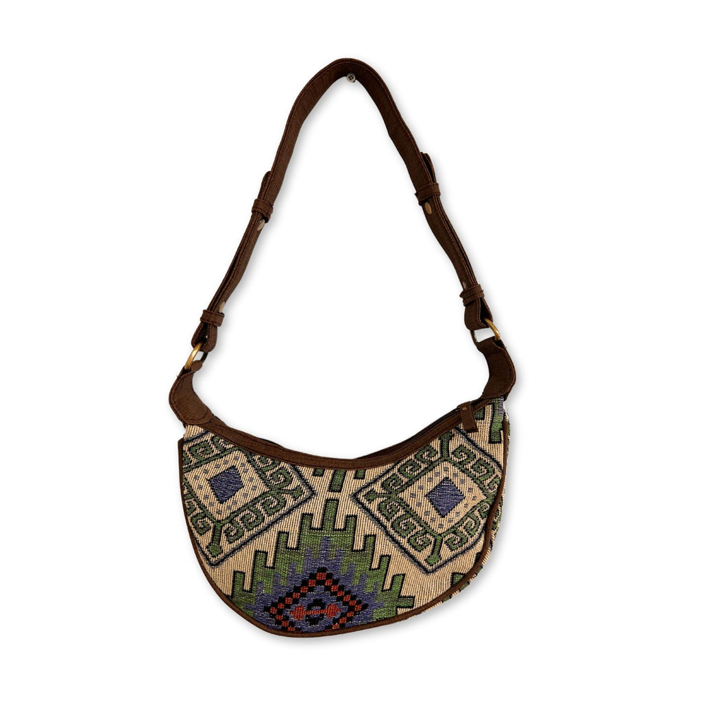 Jacquard Hobo Bag - Geo Green | Brown Strap | Velora