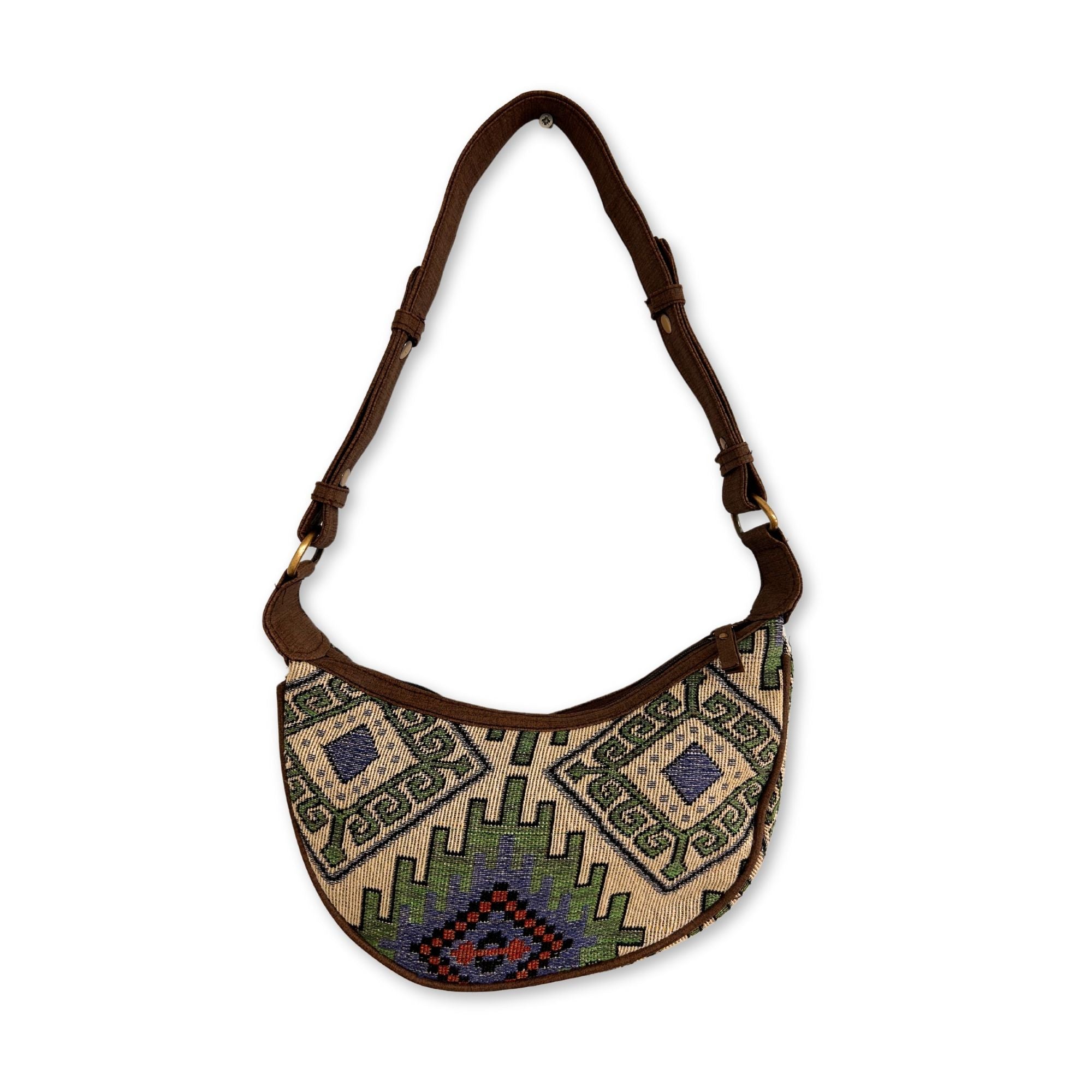 Jacquard Hobo Bag - Geo Green | Brown Strap | Velora
