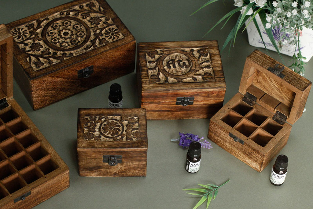 Mango Wood Aromatherapy Box - Floral Carved, Holds 12 | Velora