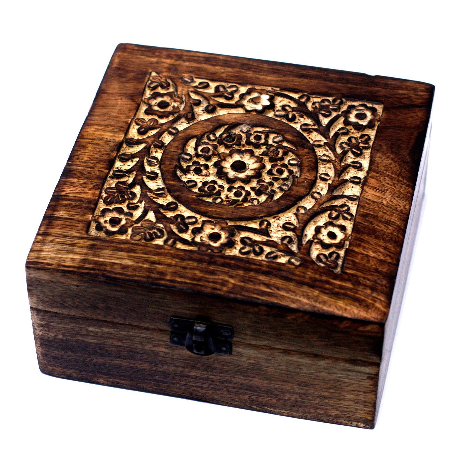 Mango Wood Aromatherapy Box - Floral Carved, Holds 25 | Velora