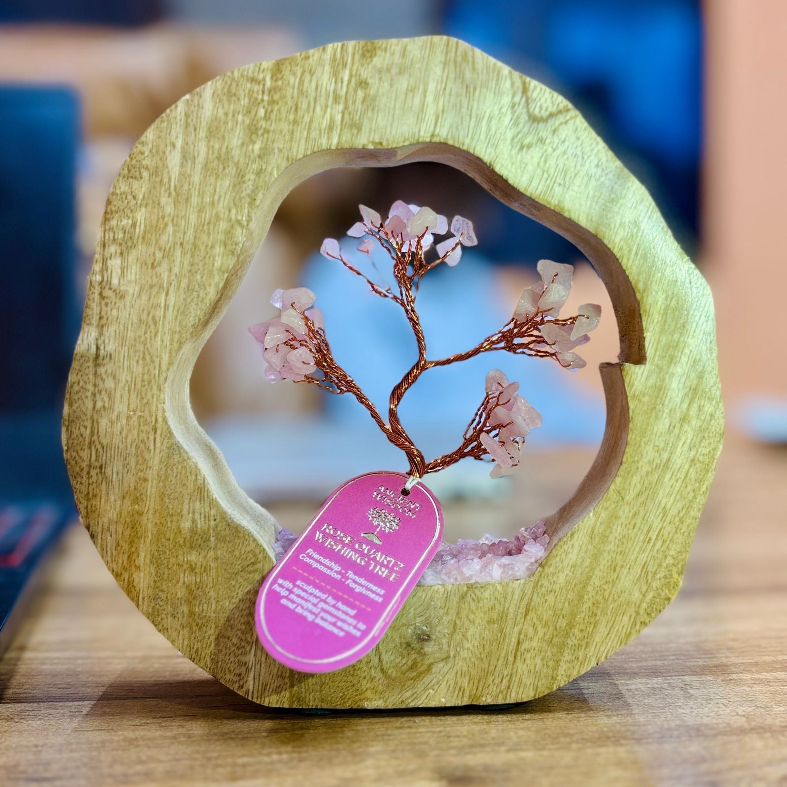 Rose Quartz Gemstone Tree | Mango Wood Ring | 60 Stones