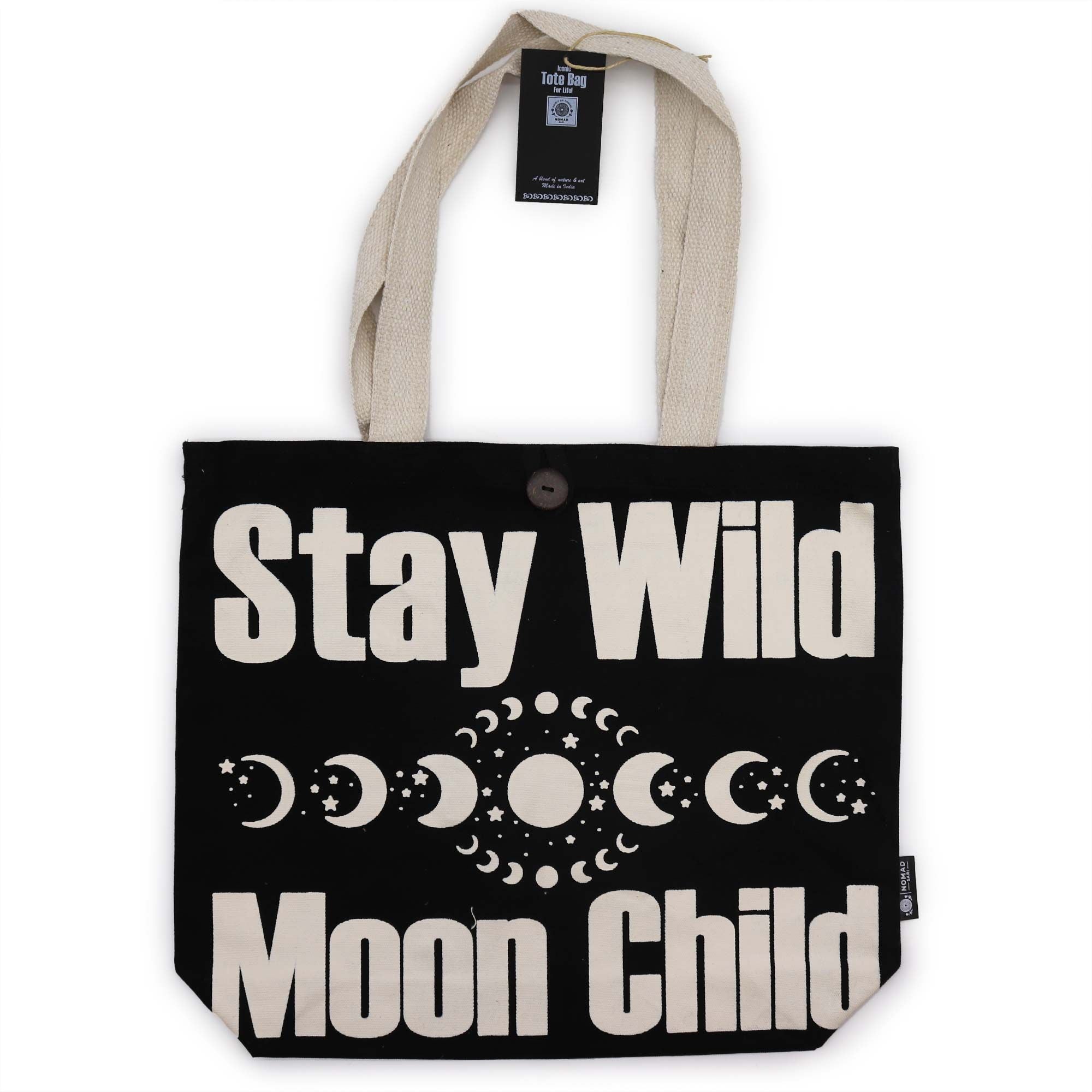 Iconic Classic Tote Bag - Stay Wild, Moon Child - Black Natural 10oz | Velora
