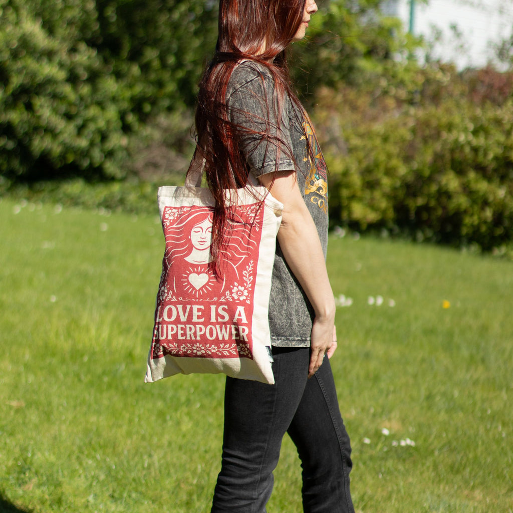 Nomad Sari Tote Bag - Love is a Super Power | Natural Canvas | Velora