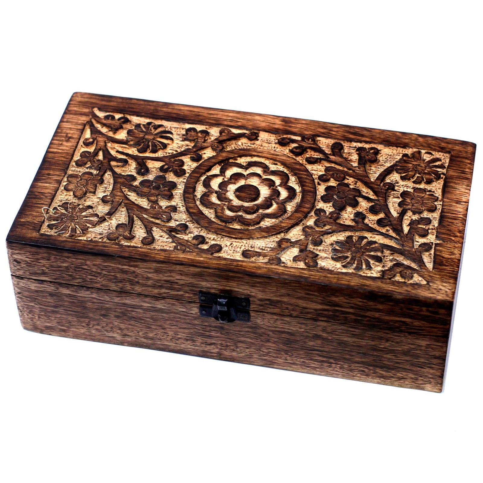 Mango Wood Aromatherapy Box - Floral Carved, Holds 32 | Velora