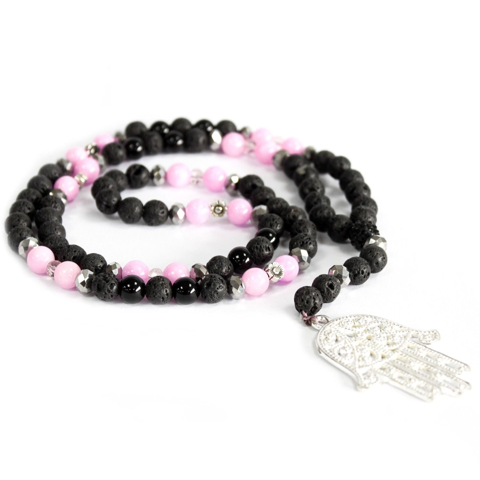 Hamsa Gemstone Necklace - Pink & Black Lava Stone | Velora