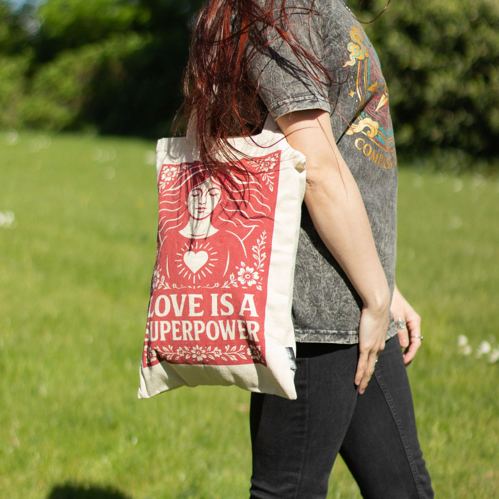 Nomad Sari Tote Bag - Love is a Super Power | Natural Canvas | Velora