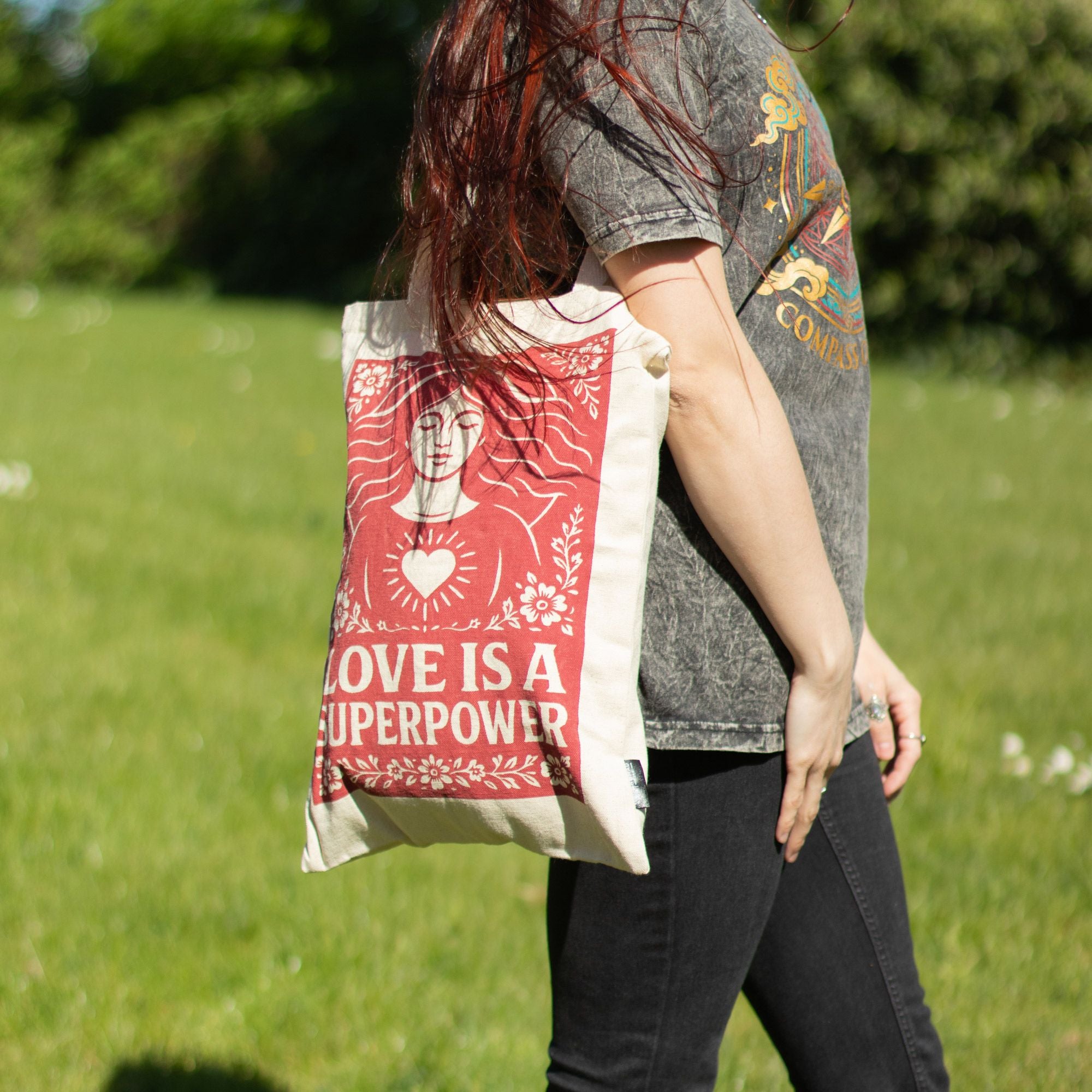 Nomad Sari Tote Bag - Love is a Super Power | Natural Canvas | Velora