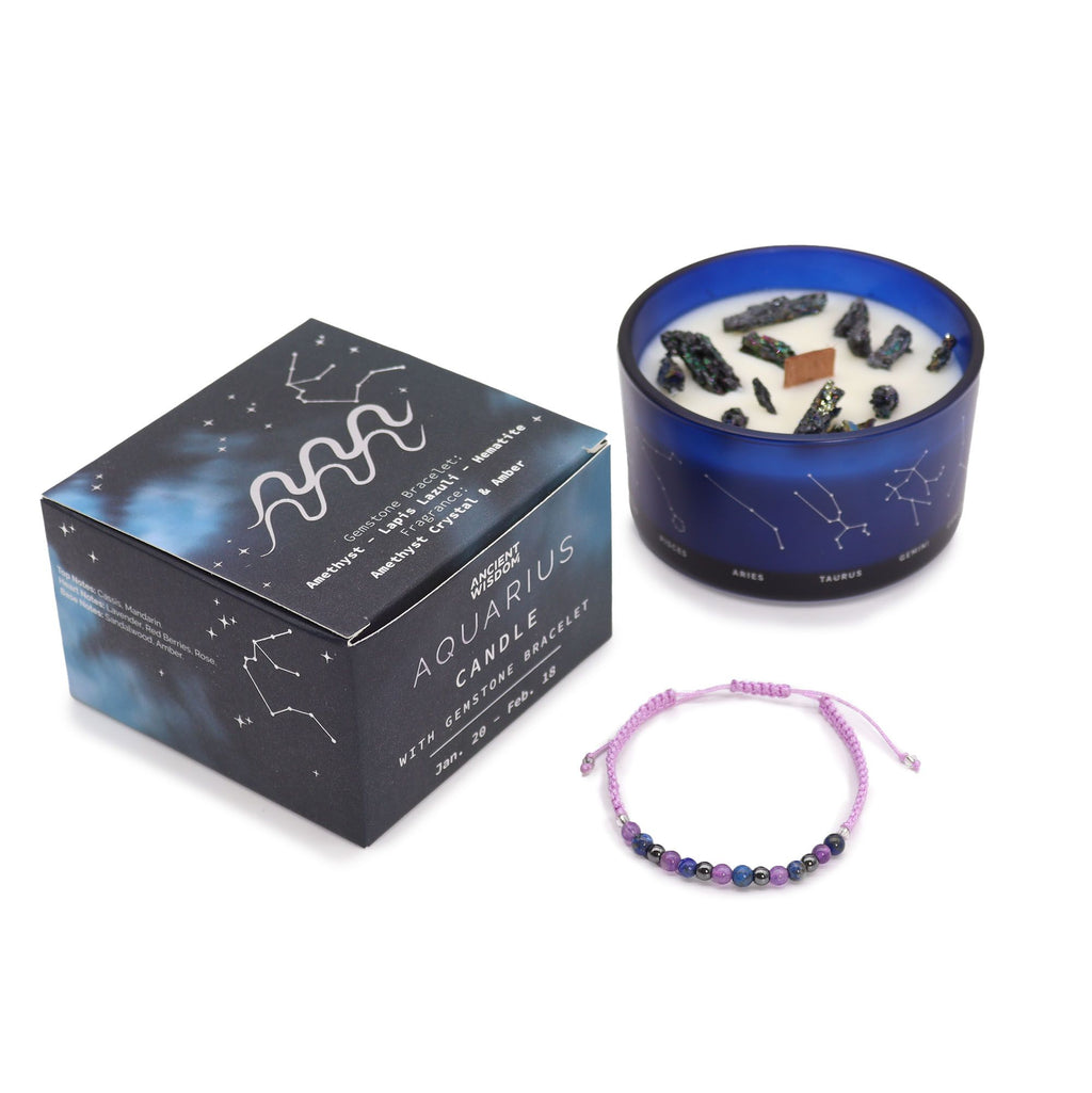 Aquarius Zodiac Crystal Candle & Gemstone Bracelet | Velora