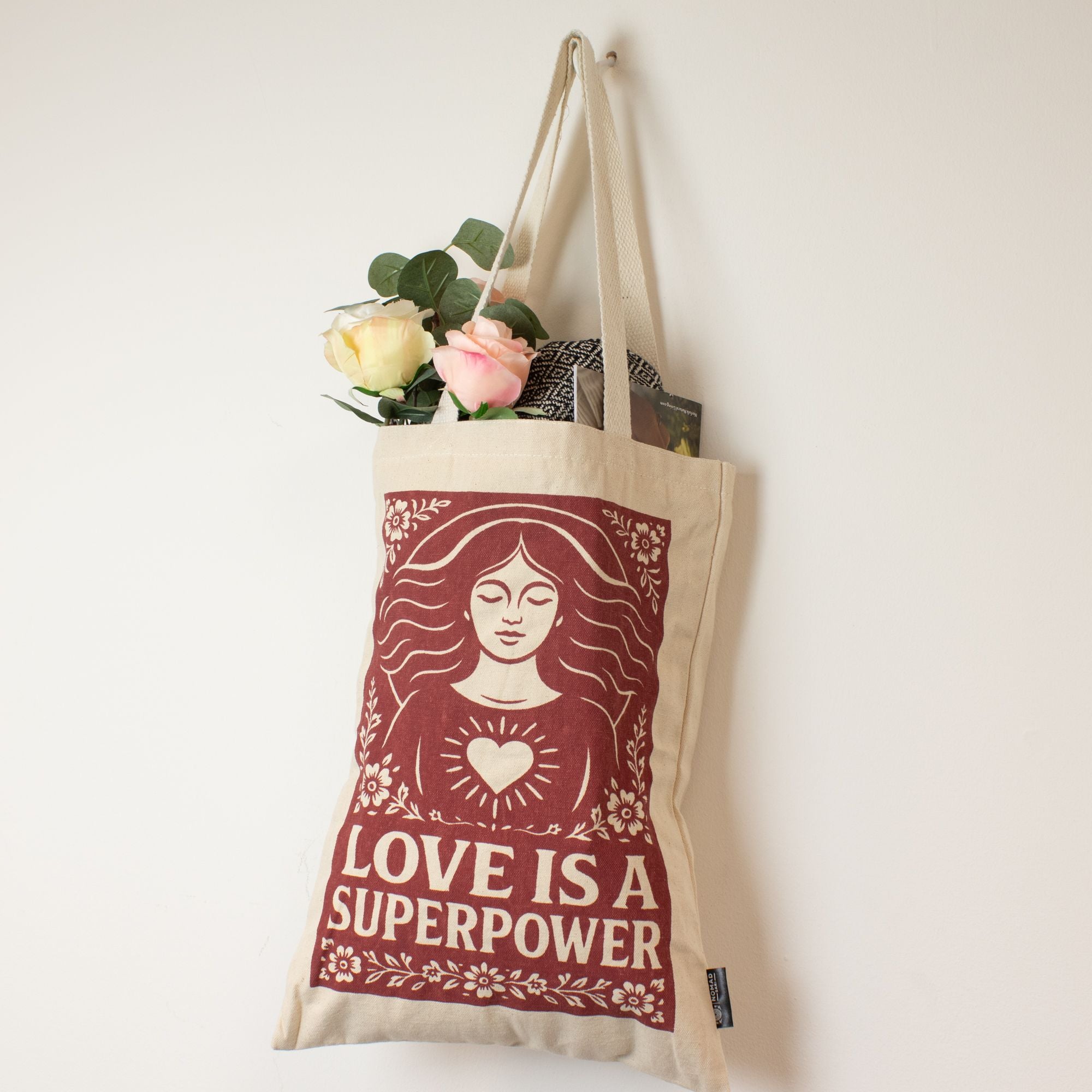 Nomad Sari Tote Bag - Love is a Super Power | Natural Canvas | Velora