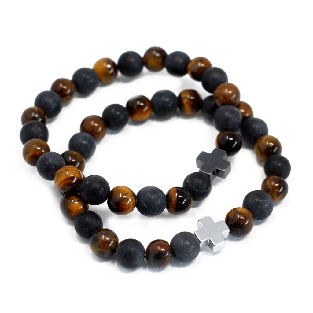 Tiger Eye & Black Stone Friendship Bracelets | Set of 2 | Velora