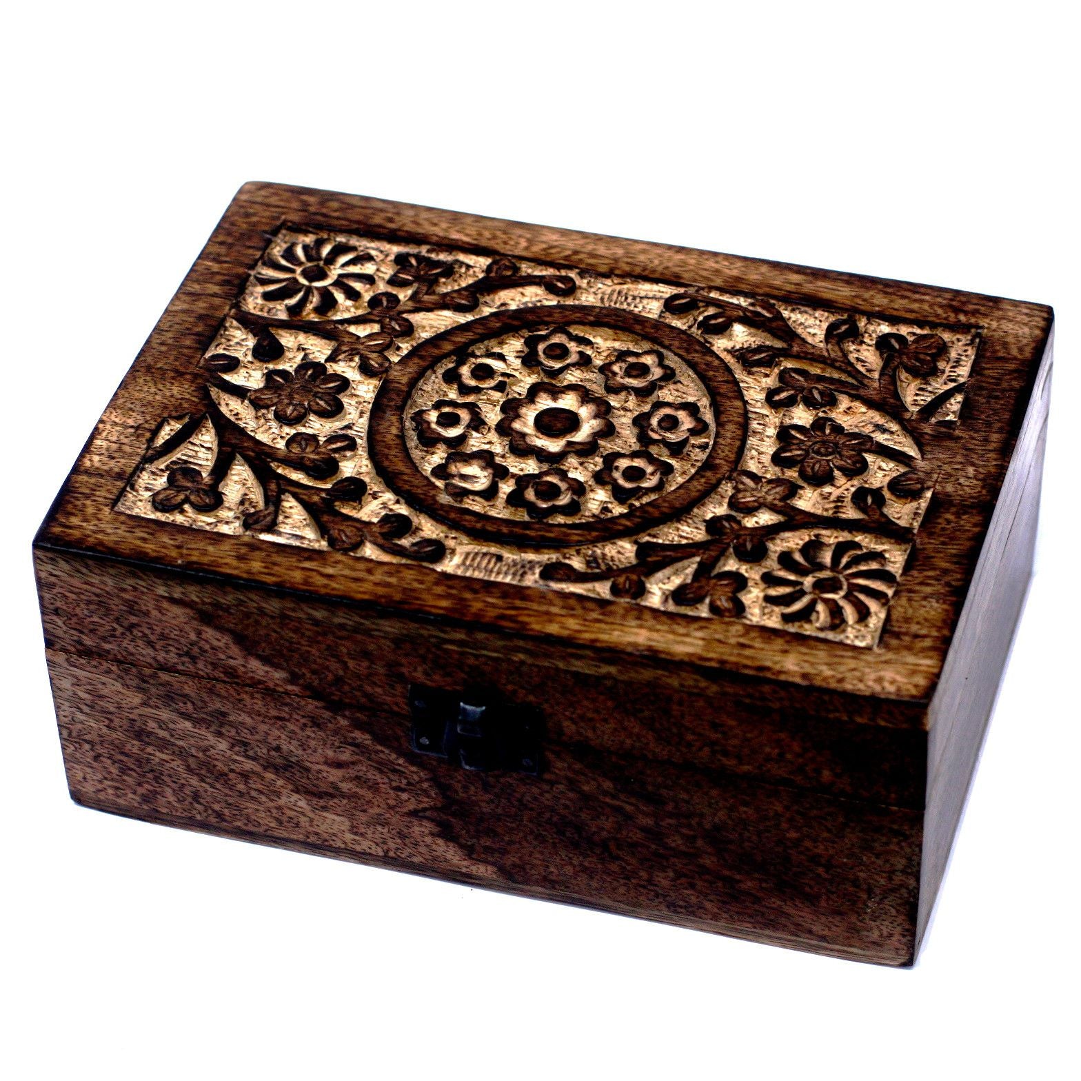 Mango Wood Aromatherapy Box - Floral Carved, Holds 24 | Velora