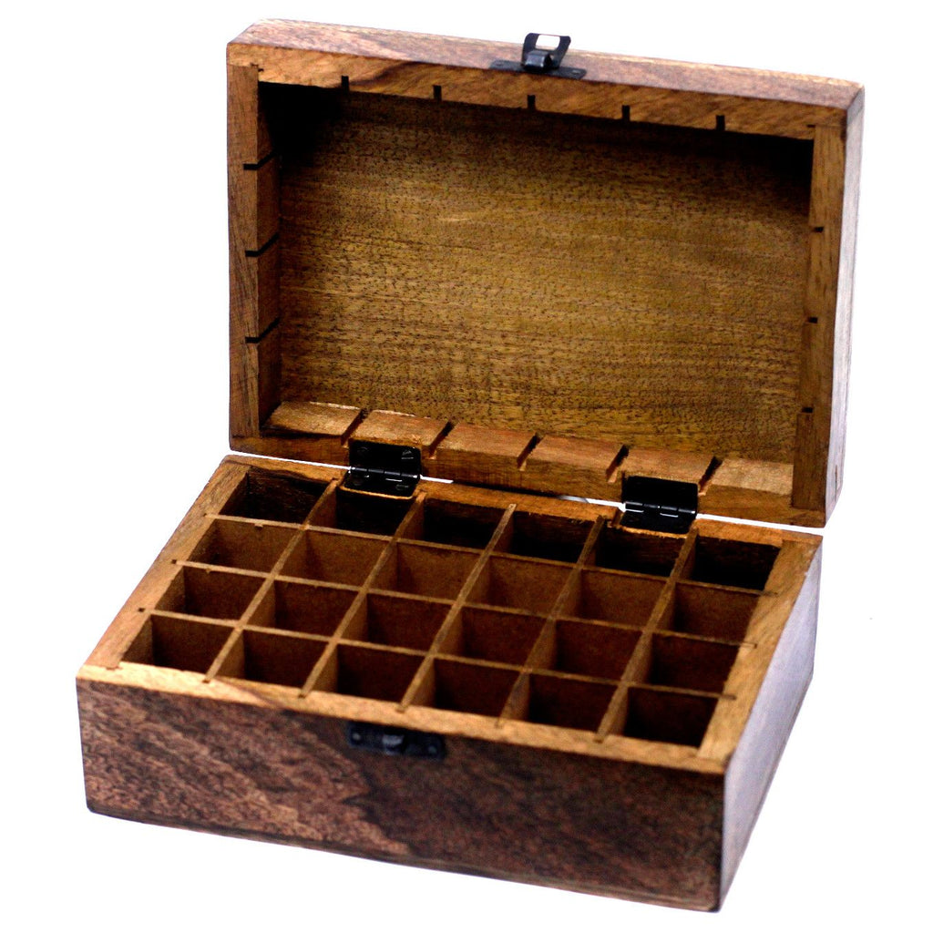 Mango Wood Aromatherapy Box - Floral Carved, Holds 24 | Velora