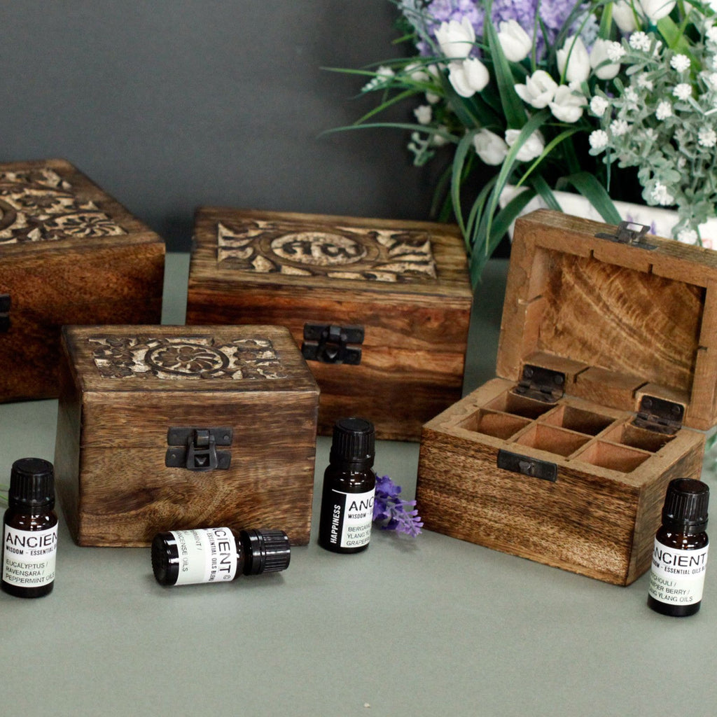 Mango Wood Aromatherapy Box - Floral Carved, Holds 32 | Velora