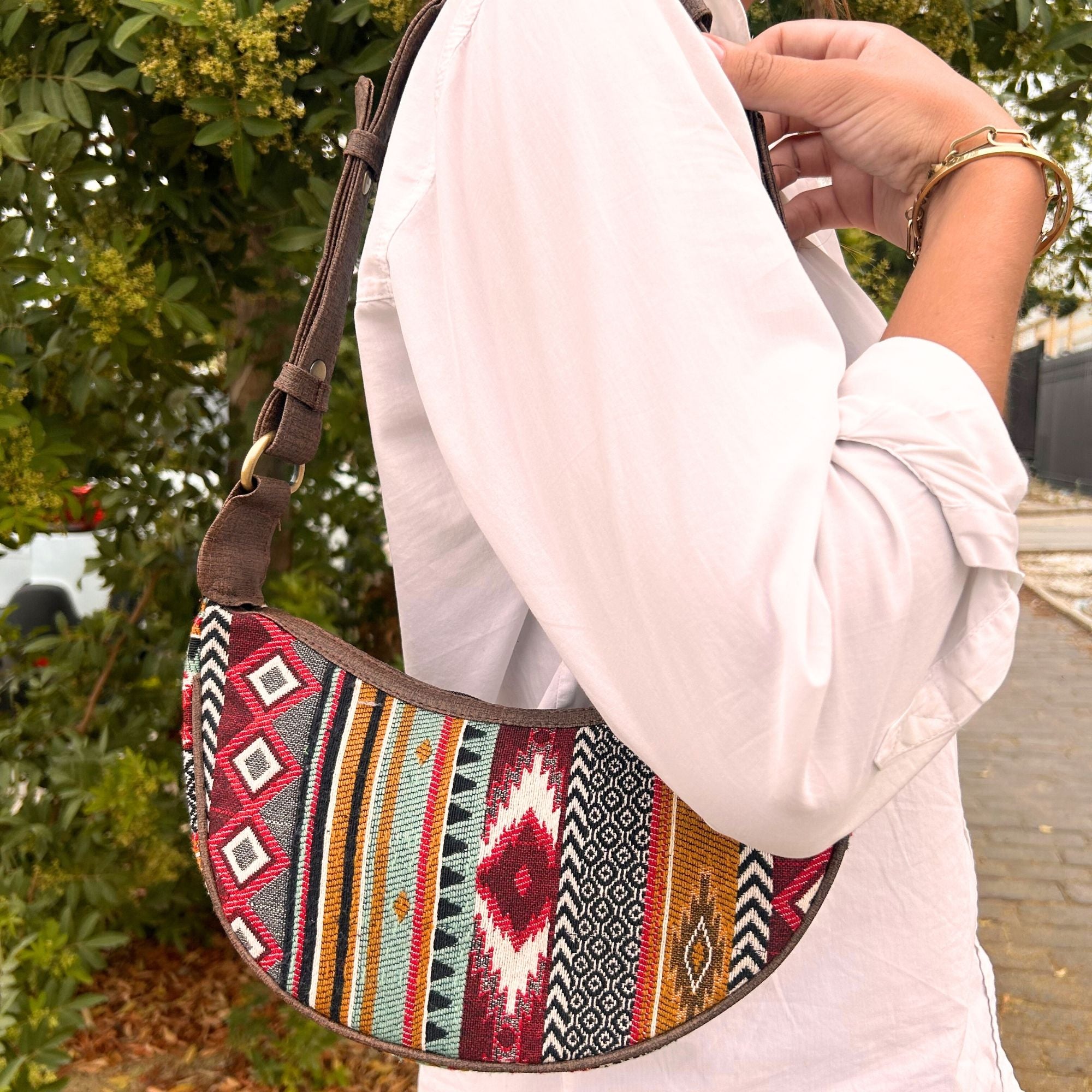 Jacquard Hobo Bag - Rich Browns | Brown Strap | Velora