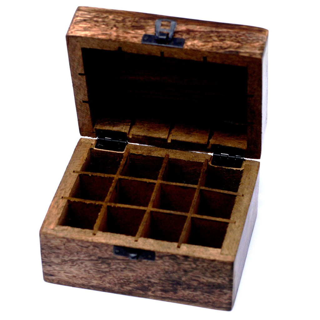 Mango Wood Aromatherapy Box - Floral Carved, Holds 12 | Velora