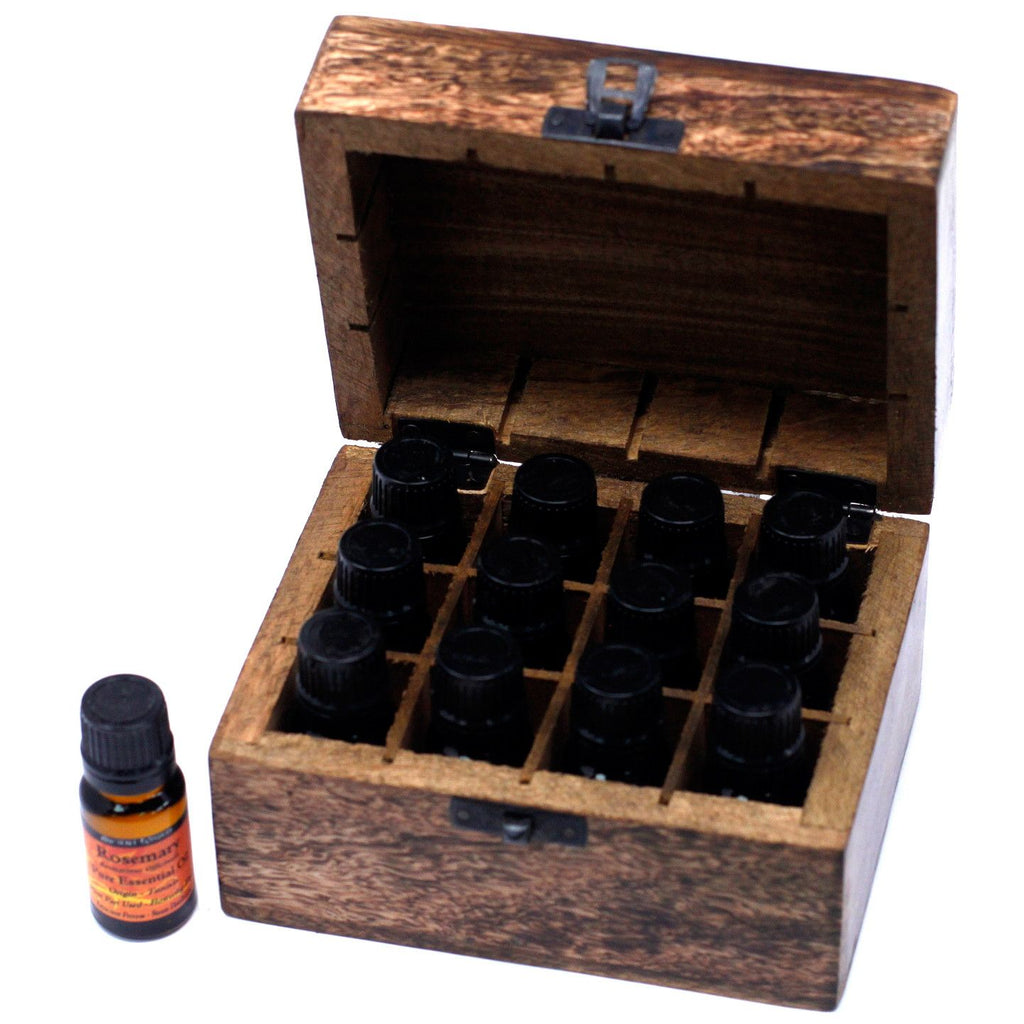 Mango Wood Aromatherapy Box - Floral Carved, Holds 12 | Velora
