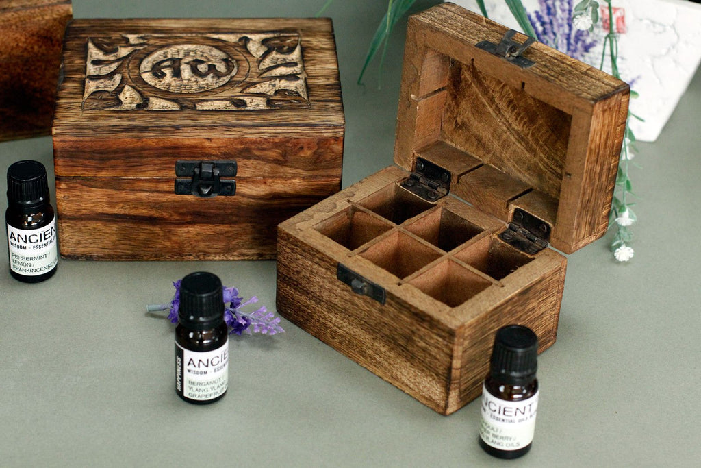 Mango Wood Aromatherapy Box - Floral Carved, Holds 6 | Velora