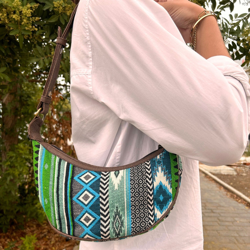 Jacquard Hobo Bag - Bold Greens | Brown Strap | Velora