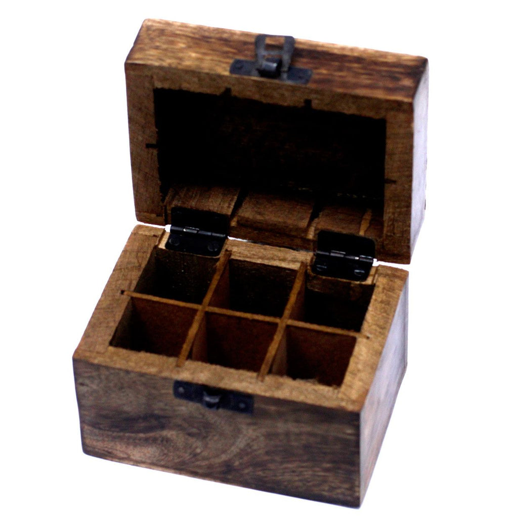 Mango Wood Aromatherapy Box - Floral Carved, Holds 6 | Velora