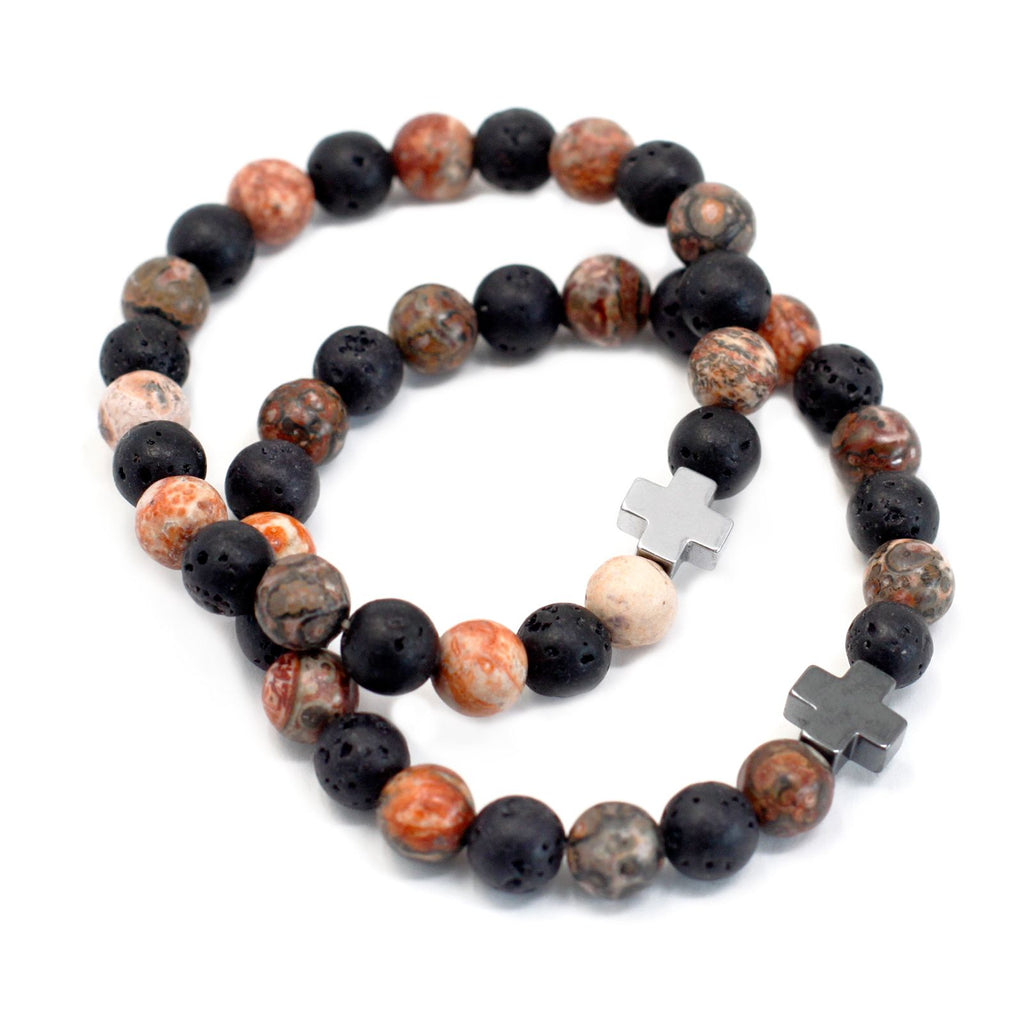 Gemstone Friendship Bracelets - Eternity | Leopard Skin Jasper & Lava Stone | Velora